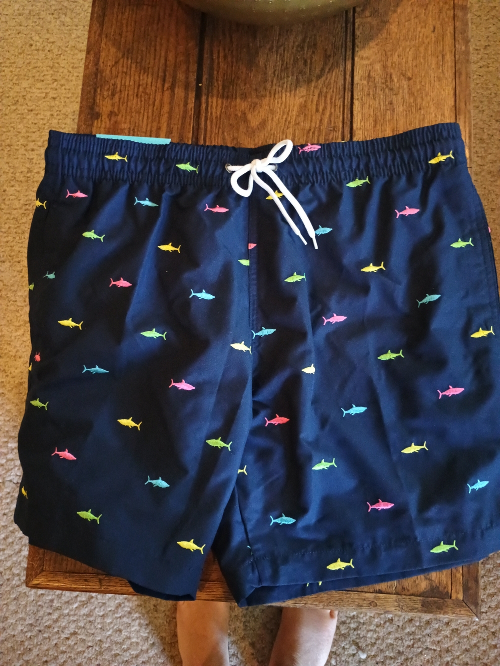 Navy Swim Trunks with Multicolor Shark Motif